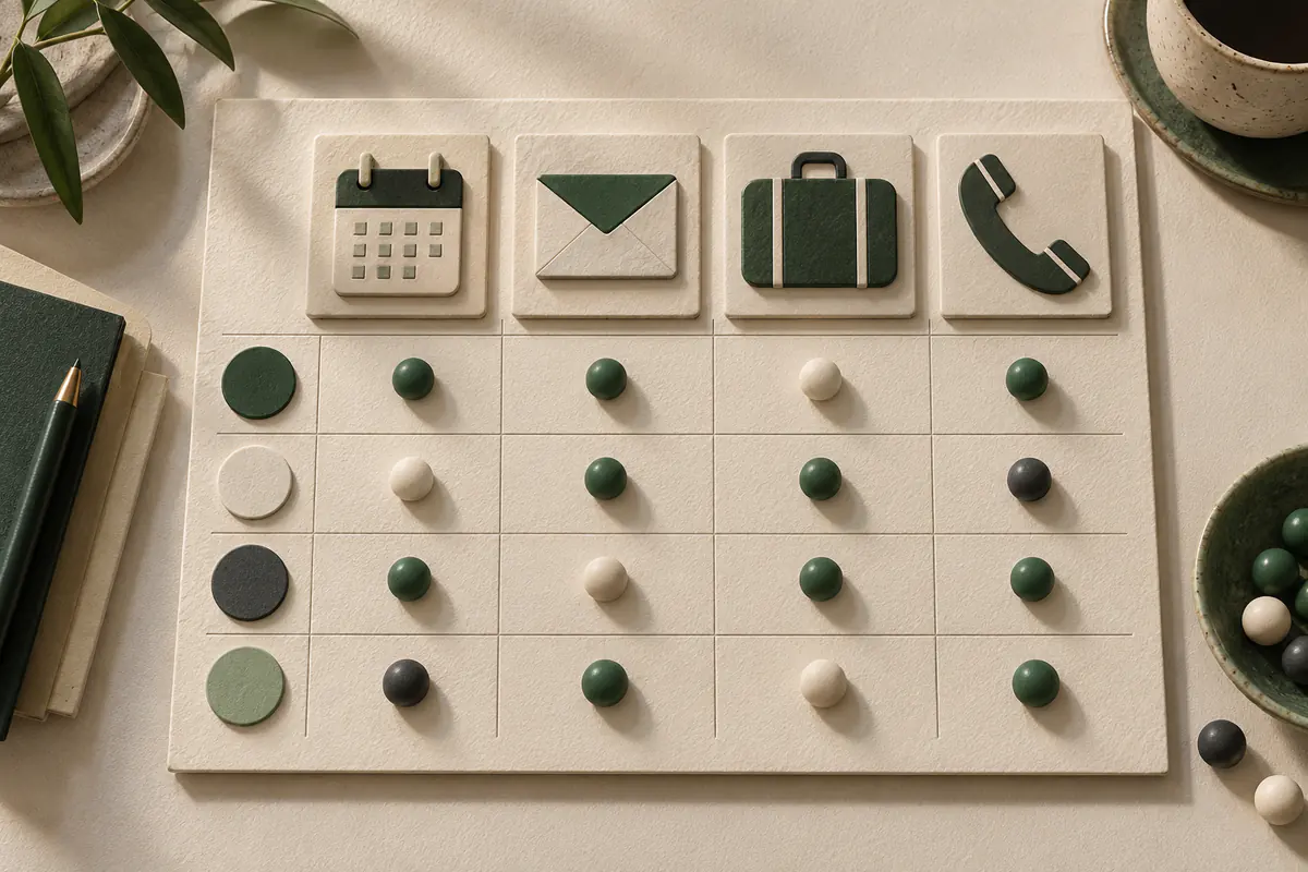 A meticulous overhead comparison matrix made from physical task tiles showing a calendar, envelope, suitcase and telephone, with different colored ceramic pegs indicating documented capabilities.