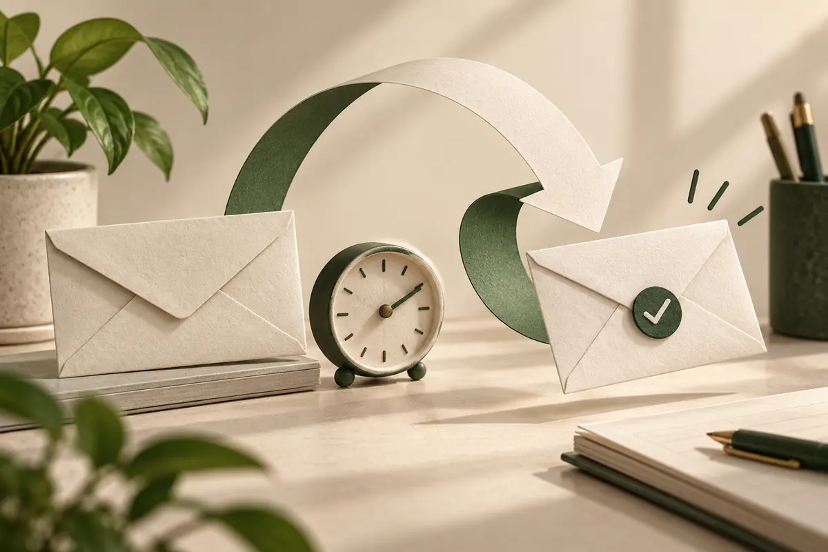 An unanswered envelope beside a patient small clock, a looping paper arrow returning with a fresh follow-up envelope and a check seal, timely correspondence follow-up.