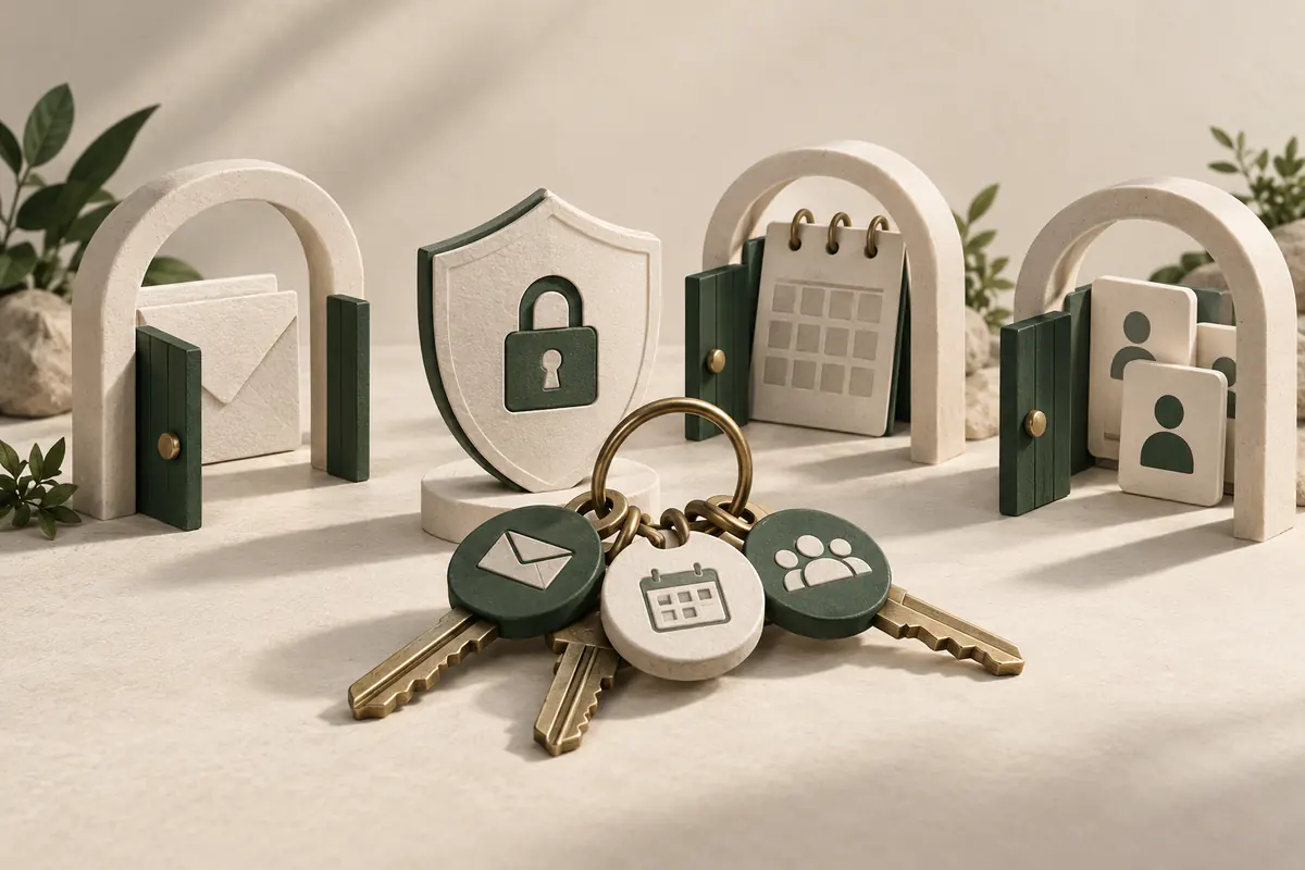 A central key ring beside envelope calendar and contact tiles, each behind a separate small ceramic permission gate, a protective shield showing granular assistant access.