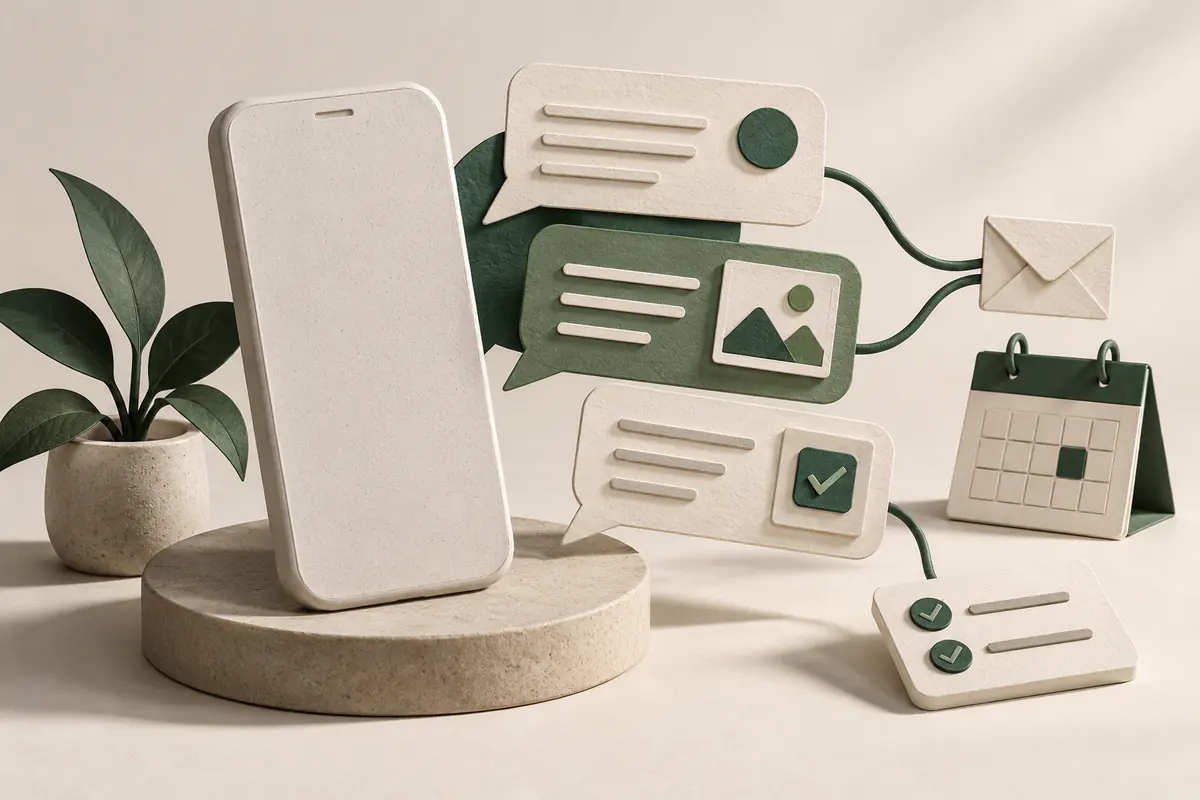 A slim unbranded phone-shaped ceramic slab next to layered paper conversation bubbles connected to a tiny envelope calendar and check-mark task card, showing tasks delegated by text.