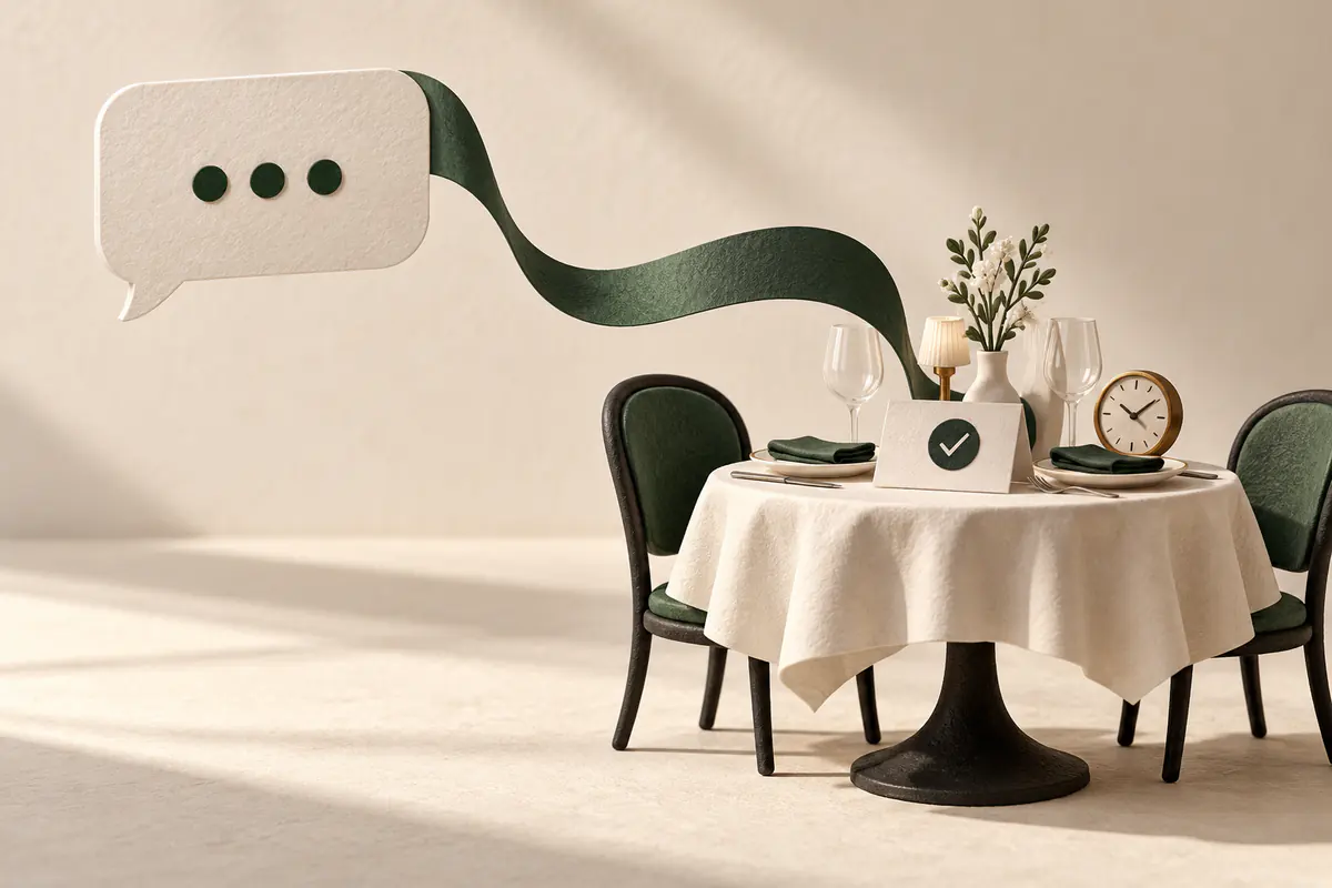 A single paper message bubble connected by a sweeping ribbon to a miniature restaurant table with two place settings, a confirmed reservation card and a small clock.