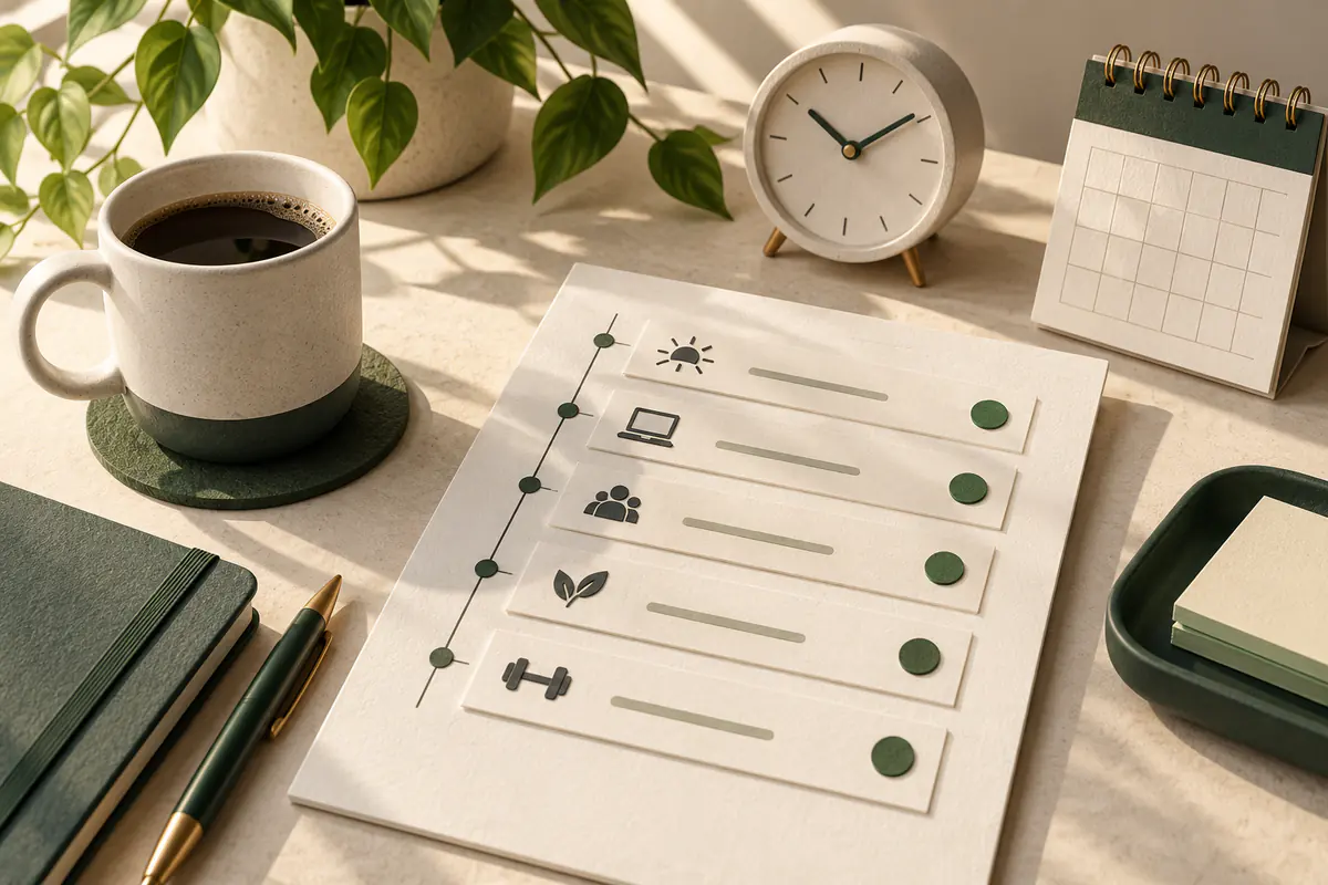 Morning sunlight across a neatly prepared daily agenda card, a cup of coffee, small clock and calendar, with organized task tiles laid out in a calm sequence.
