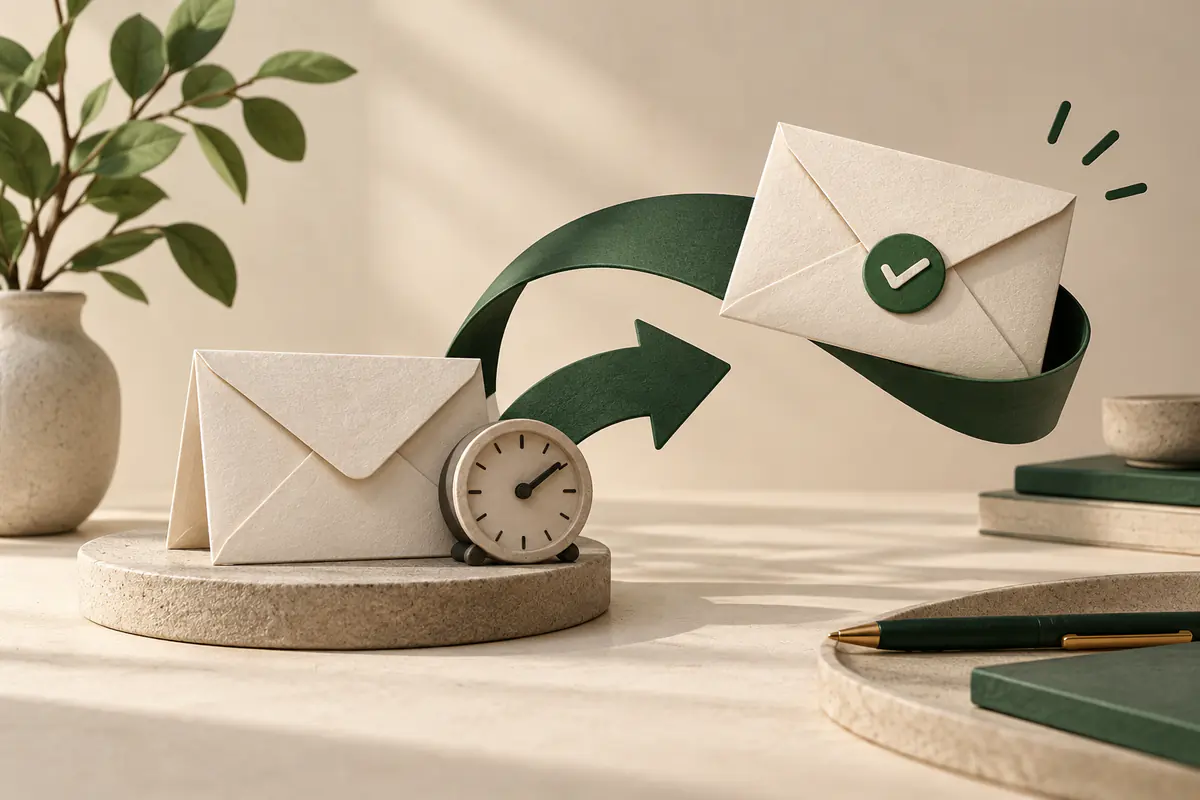 An unanswered envelope with a small waiting clock, followed by a graceful return-arrow ribbon carrying a second envelope with a green check seal, systematic email follow-up.
