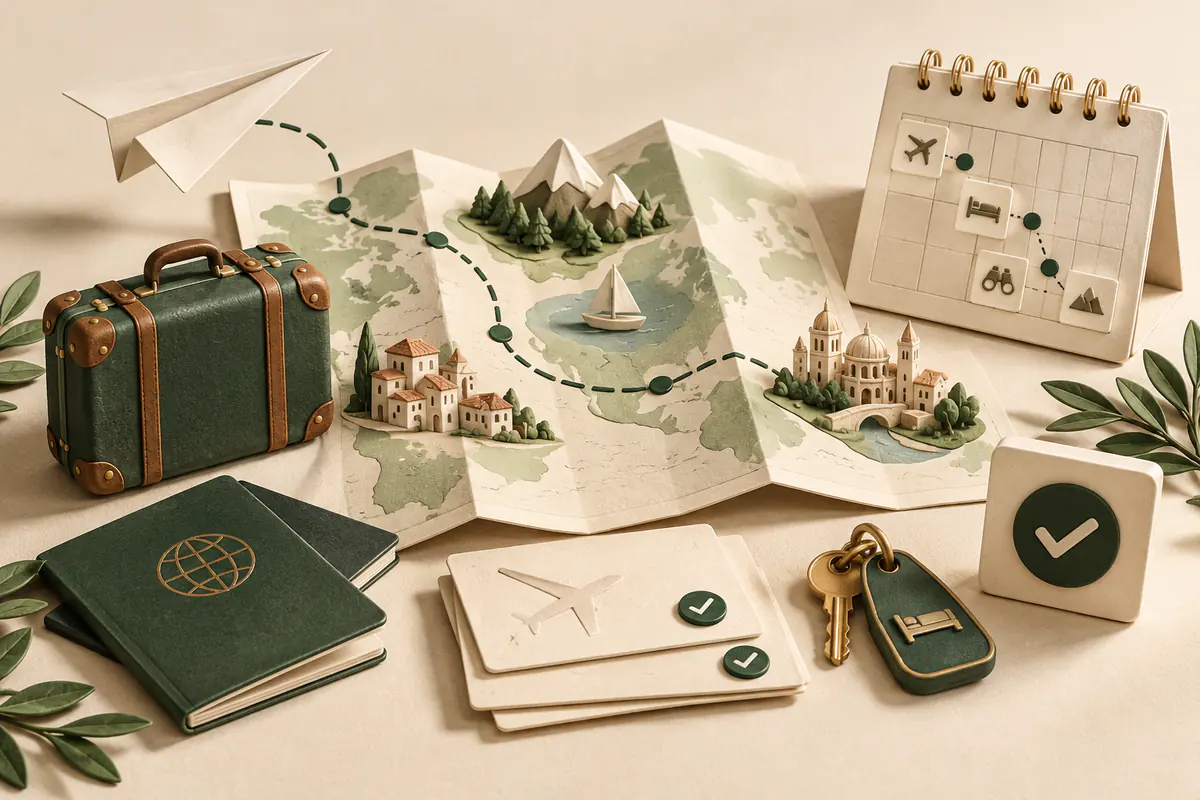 A folded travel map linking a paper airplane, miniature hotel key, suitcase and calendar itinerary, with confirmation envelopes and a check-mark completion tile.