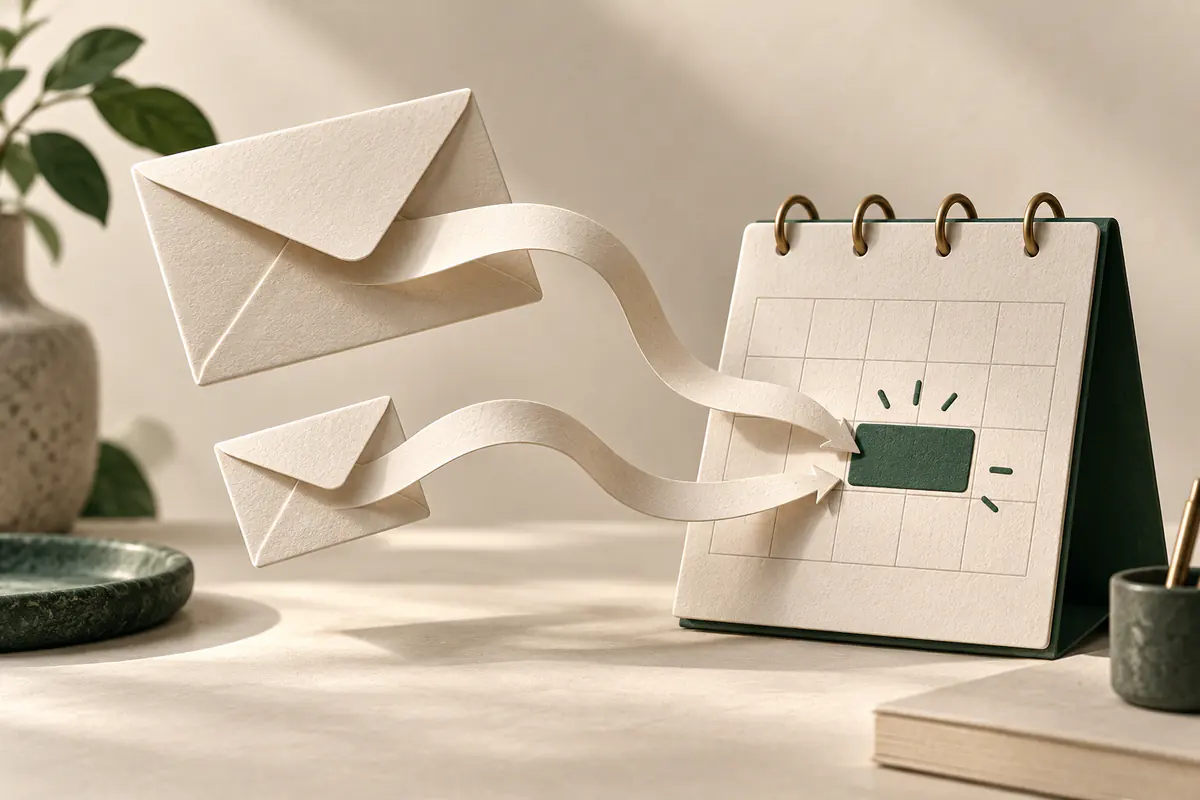 A main email envelope and a smaller copied envelope converging on a highlighted calendar appointment, a looping paper ribbon showing scheduling through correspondence.