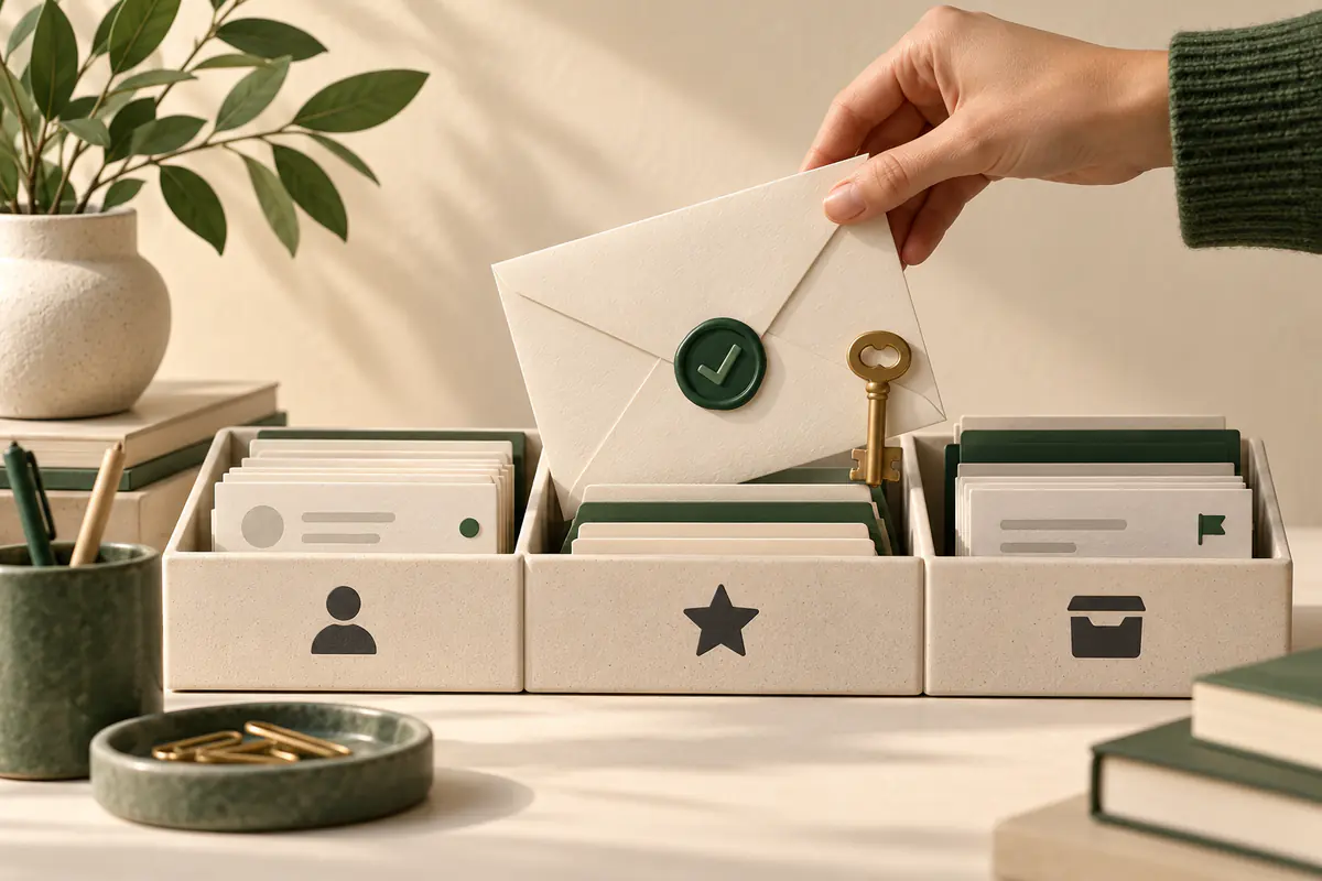 A cream envelope arriving into a carefully sorted three-compartment inbox, a green check seal and a small protective key beside it, practical email assistance without any brand mark.