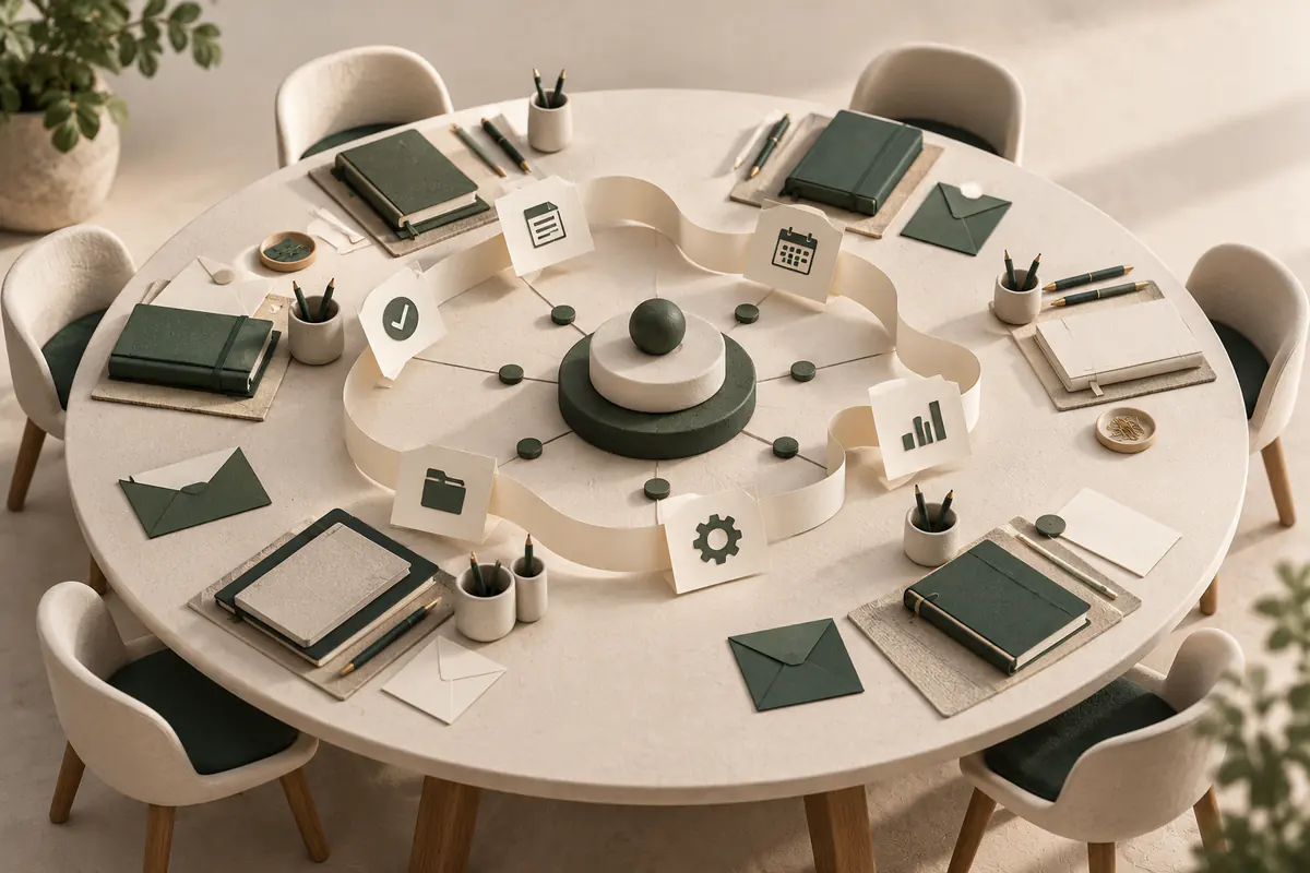 A shared round office table with small ceramic chairs, neatly arranged planners, envelopes and a central coordination hub, a paper ribbon connecting team tasks without people.
