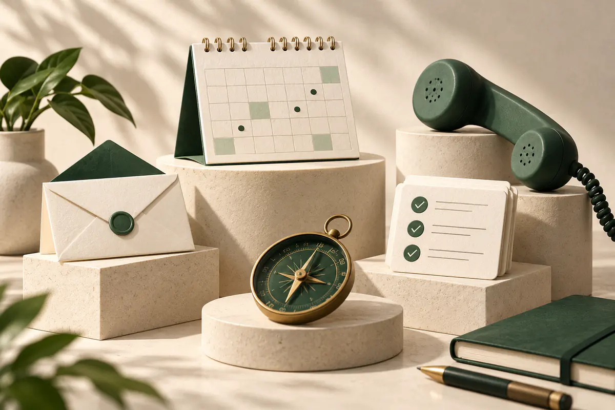 An elegant curated collection of a calendar, envelope, phone handset, compass and checked task cards arranged on staggered ceramic plinths, expressing capable everyday personal assistance without ranking labels.