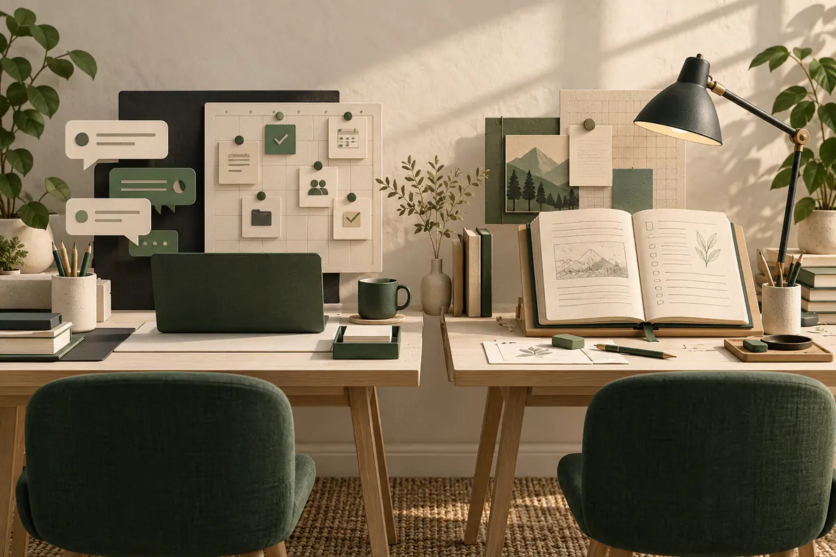 Two balanced unbranded assistant workstations, one with conversational bubbles and task-calendar tiles, the other with a thoughtful open notebook and drafting tools, comparing documented work capabilities.