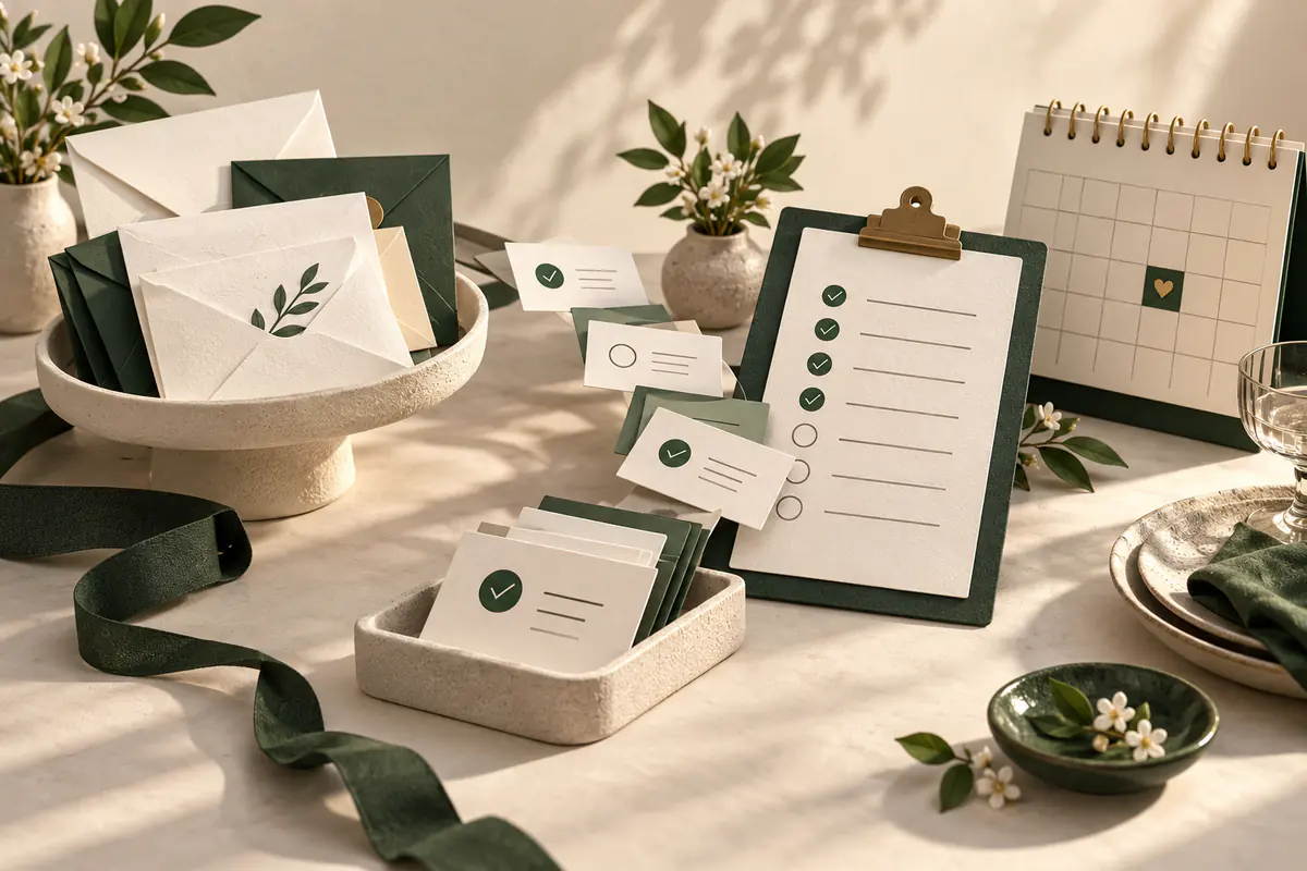 A small festive event table with simple paper invitation envelopes, reply cards flowing toward a guest-list clipboard and a calendar appointment, organized RSVPs.