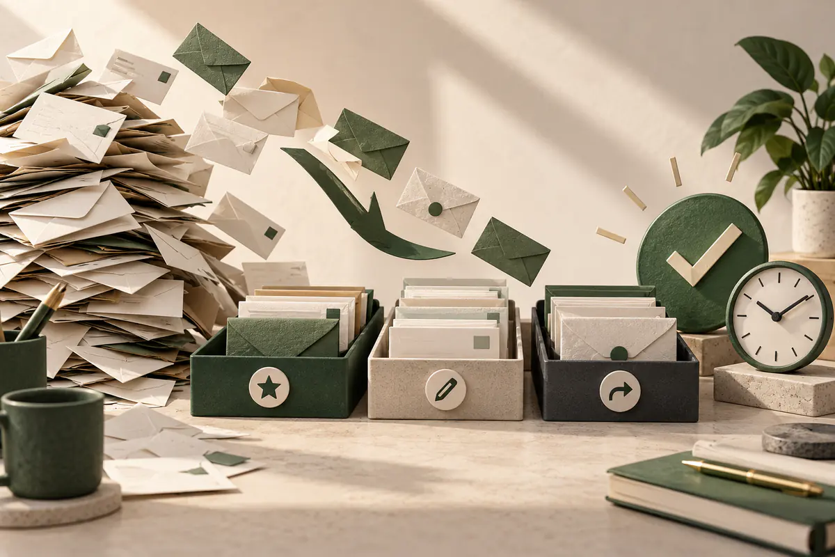 A busy cascade of envelopes sorted into clearly separated priority, draft and follow-up trays, a green check seal and small clock beside the organized result.
