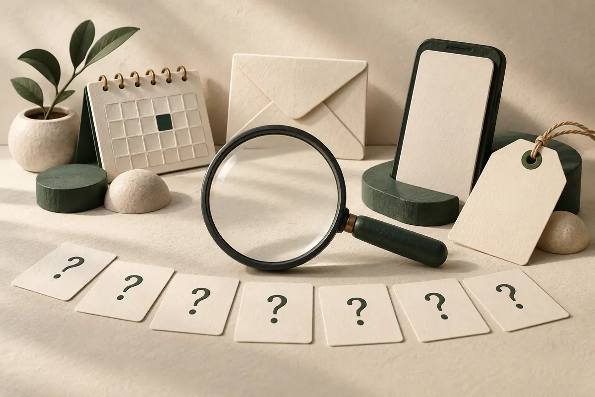 A magnifying glass and seven small unmarked question cards beside a selection of calendar envelope and phone tools, a blank price tag inviting careful choice before purchase.