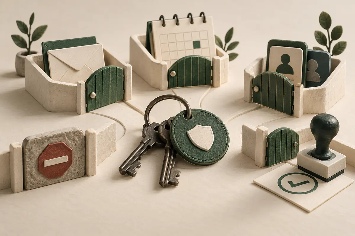 A central key ring beside envelope calendar and contact tiles, each behind an independently adjustable small ceramic gate, a stop tile and approval stamp showing bounded assistant permissions.