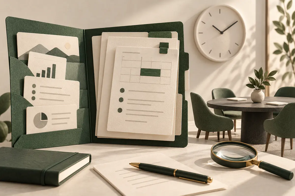 A concise meeting briefing folder opening beside a small meeting table, context cards and a highlighted appointment tile, a clock and magnifier showing preparation before the meeting.