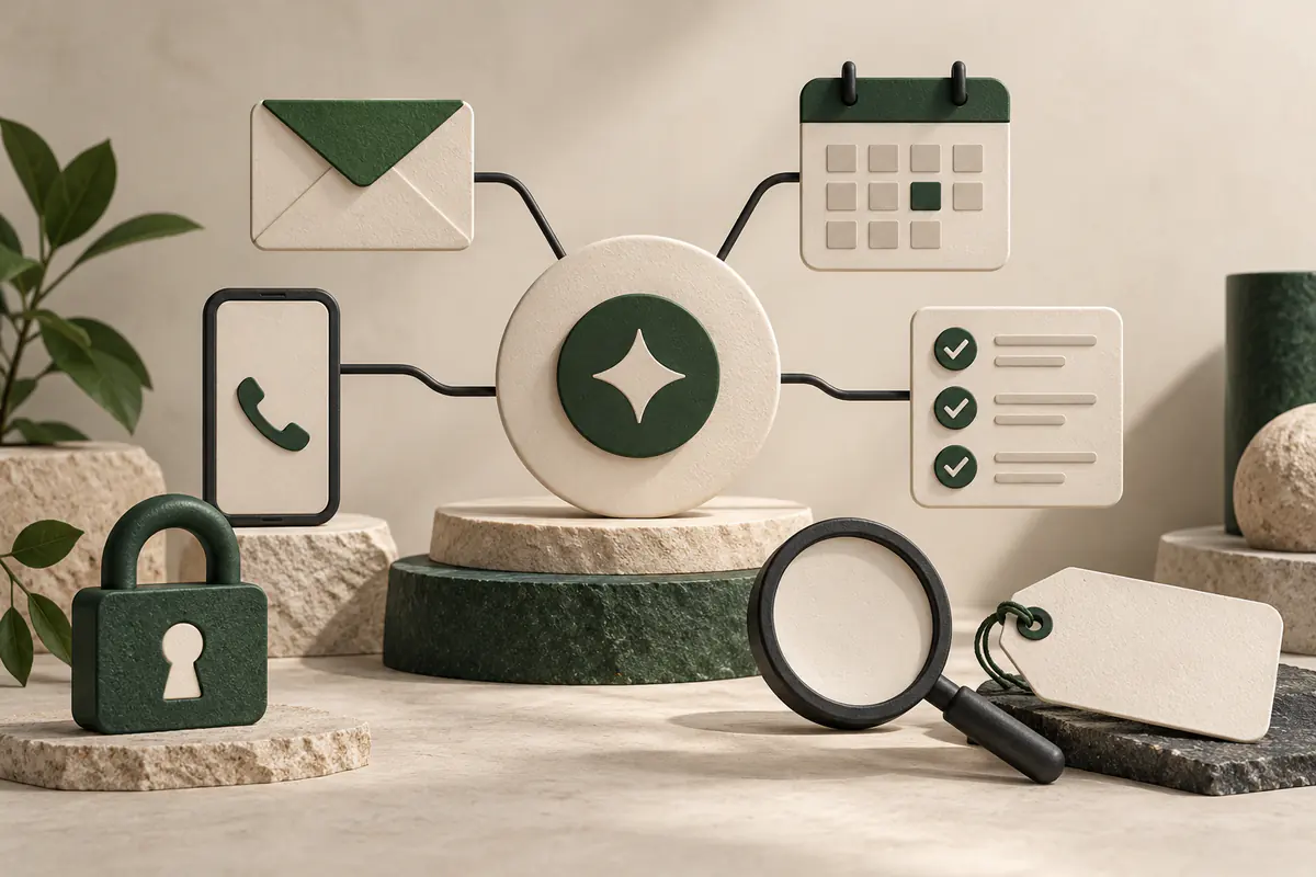 A central personal-assistant task hub connecting an envelope, calendar, phone and checked work cards, a privacy lock, magnifier and blank price tag beside it for a balanced feature review.