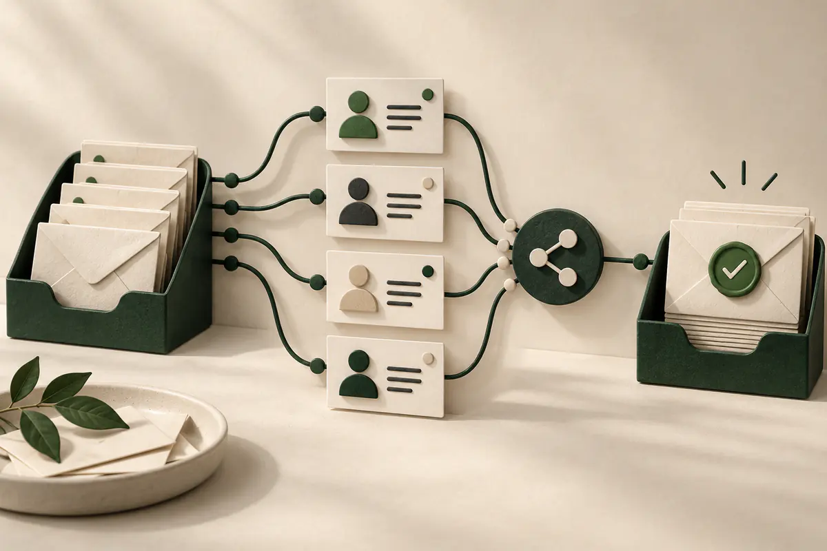A shared inbox tray with several envelopes branching to distinct team task cards before converging in a resolved outbox, a small coordination hub and check seal keeping ownership clear.