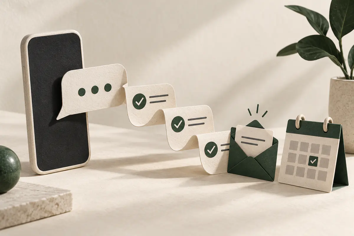 A slim unbranded phone-shaped ceramic slab beside a paper message bubble that unfolds into a sequence of checked task cards, envelope and calendar objects completing the request.