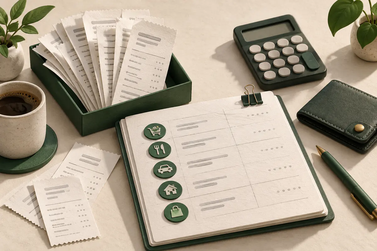 A fan of blank paper receipts being organized into a precise expense ledger, a small calculator, wallet and green checked category tokens, practical expense tracking.