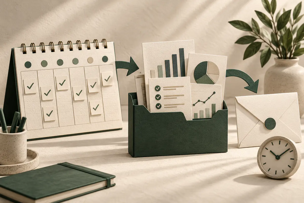 A weekly calendar leading to a concise report folder of abstract charts and completed-task cards, an outgoing envelope and small clock beside the prepared status update.